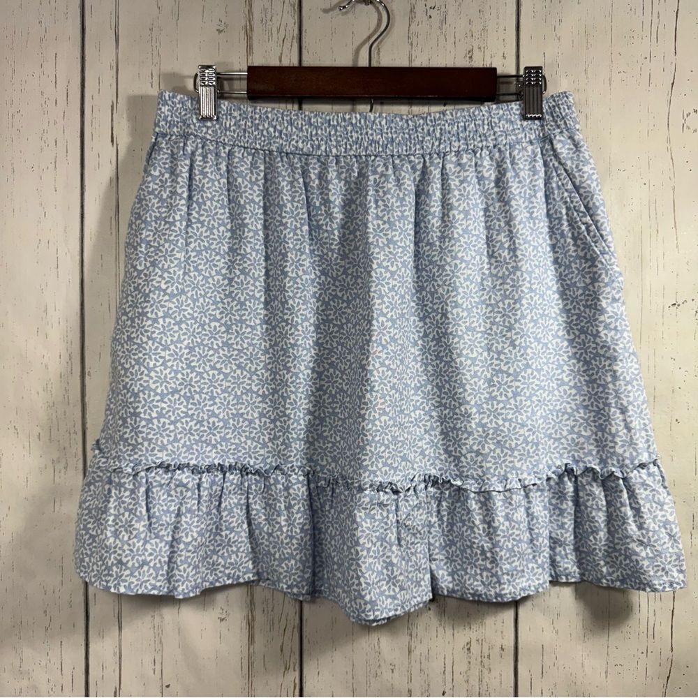 Sigrid Olsen Linen Blue Floral Ruffle Mini Skirt Cottagecore Boho Coastal Size L